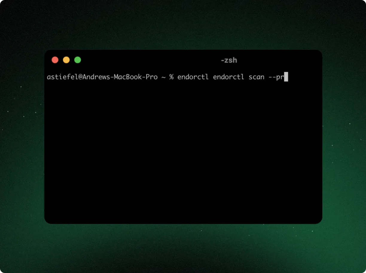 Terminal window on a dark green background showing a command line with text: 'astiefel@Andrews-MacBook-Pro ~ % endorctl endorctl scan --pr'.