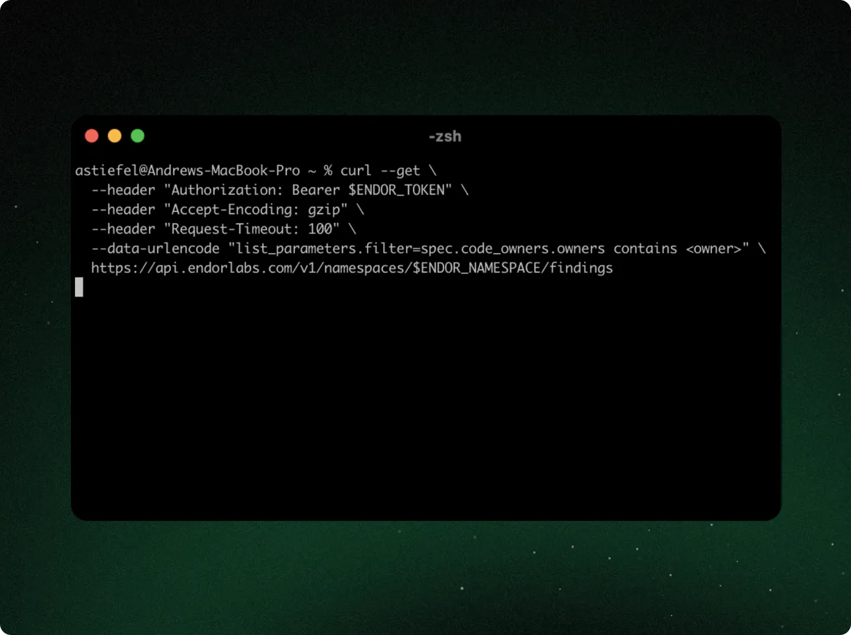 Terminal window showing a curl command with headers for Authorization, Accept-Encoding, Request-Timeout, and a data-urlencode filter querying an API endpoint for code owners.