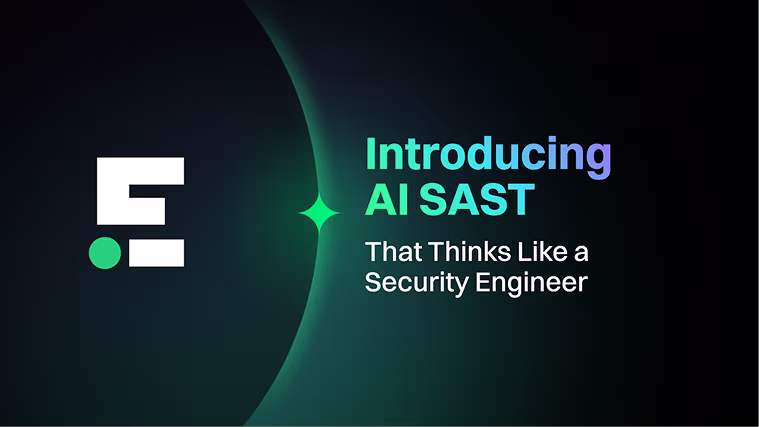 Text reading 'Introducing AI SAST That Thinks Like a Security Engineer' on a dark background with a white and green abstract logo on the left.