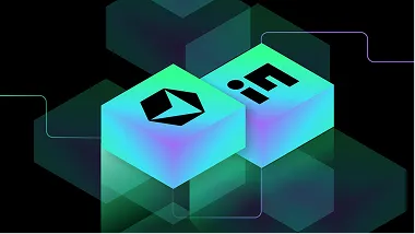 Two glowing cubes floating on a dark background with Ethereum and another tech-related symbol on each cube.