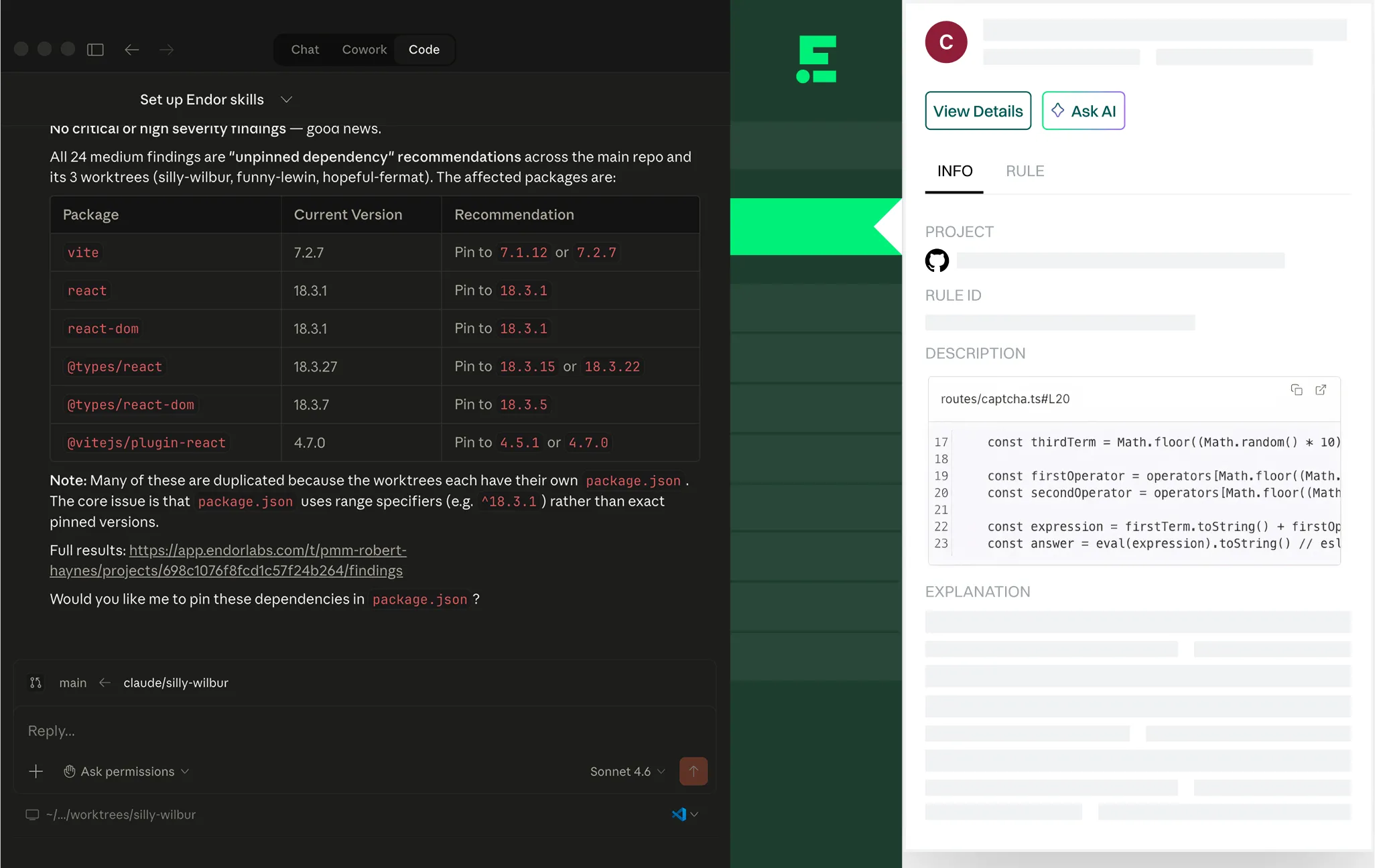 Software interface showing Endor skills setup with a table of npm packages, current versions, and recommended pinned versions, alongside AI chat options and code snippet explanation pane.