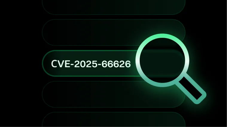 A digital search interface with a highlighted entry labeled CVE-2025-66626 and a glowing magnifying glass icon.