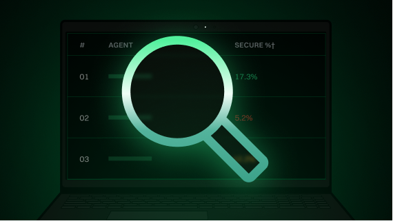 Laptop screen showing a table with agent numbers and security percentages, overlaid with a glowing green magnifying glass icon.