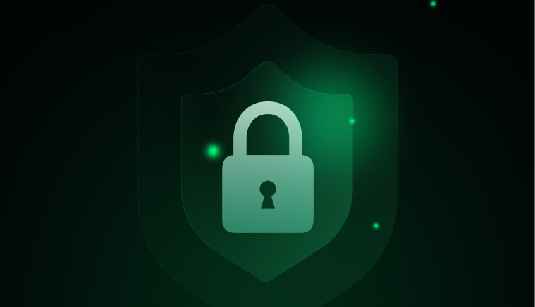 Green padlock icon centered on a glowing shield symbol against a dark background representing security.