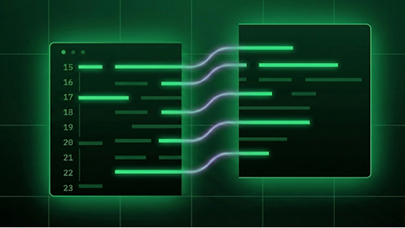 Two glowing green code editor windows side by side connected by flowing lines, representing data or code synchronization.