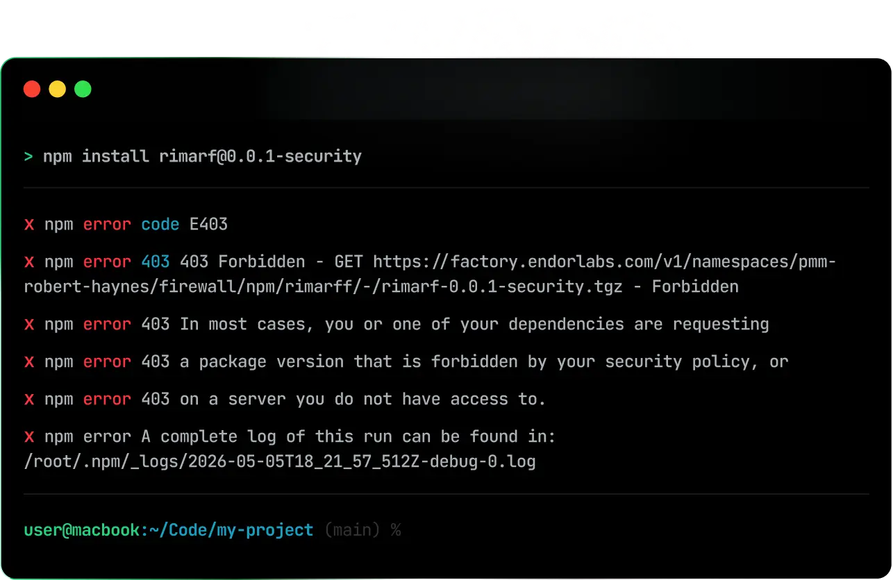 Terminal window showing Endor Labs Security Scan results: lodash, express, and react packages installed; colors package blocked due to malicious code detected.