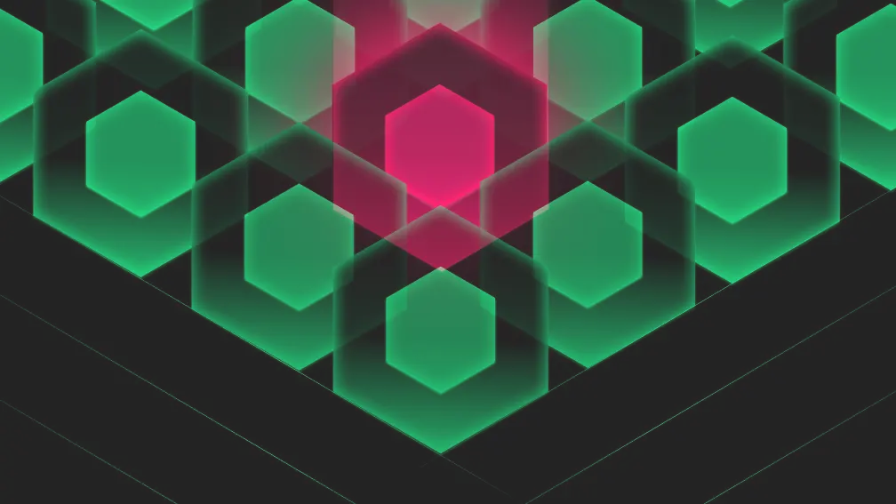 Abstract geometric pattern featuring overlapping hexagons. Central hexagon in pink contrasts with surrounding green hexagons on a dark background.