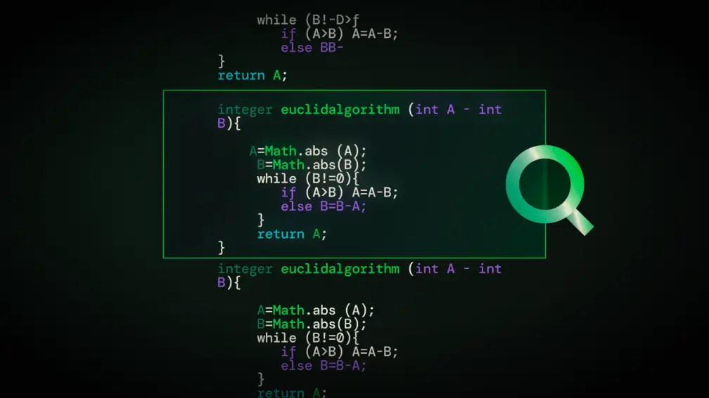 Highlighted section of programming code showing the Euclidean algorithm function, with a magnifying glass icon emphasizing part of the code.