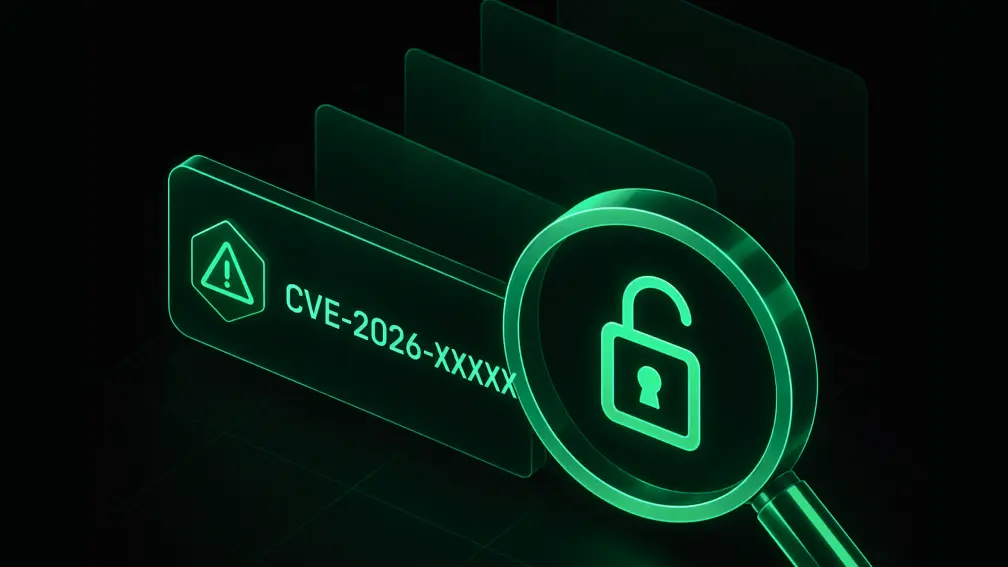 Glowing green digital graphic depicting an unlocked padlock and a warning symbol. Text reads "CVE-2026-XXXXX", suggesting cybersecurity vulnerability.