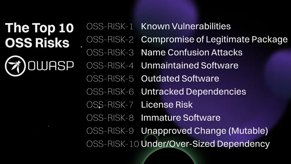 List of the top 10 OWASP OSS risks including vulnerabilities, compromised packages, name confusion, outdated and untracked dependencies, and license risks.