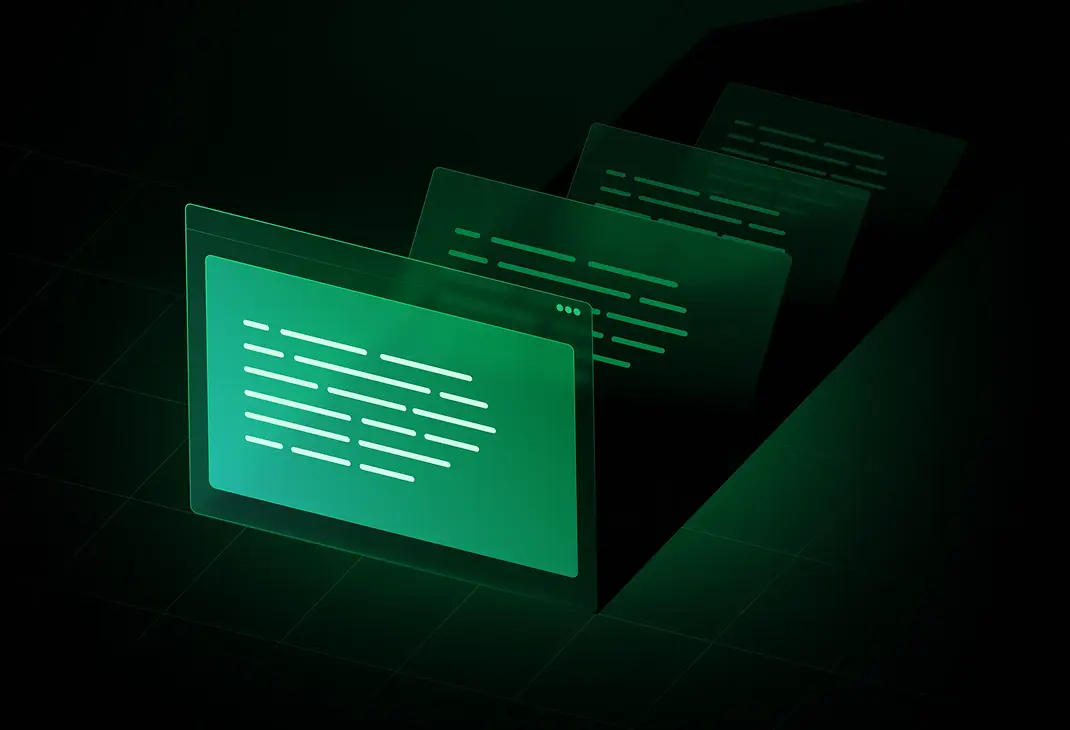 A digital illustration of three translucent green browser windows with lines representing code, layered against a dark background.
