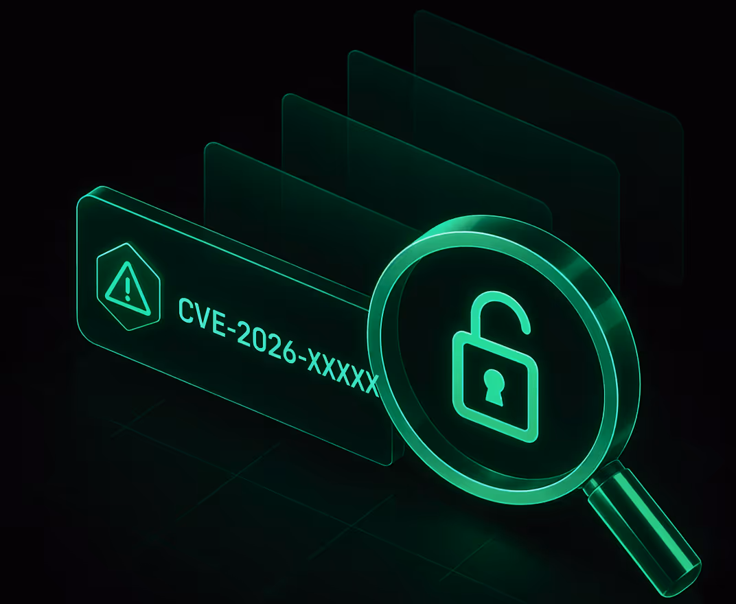 Glowing green digital graphic depicting an unlocked padlock and a warning symbol. Text reads "CVE-2026-XXXXX", suggesting cybersecurity vulnerability.