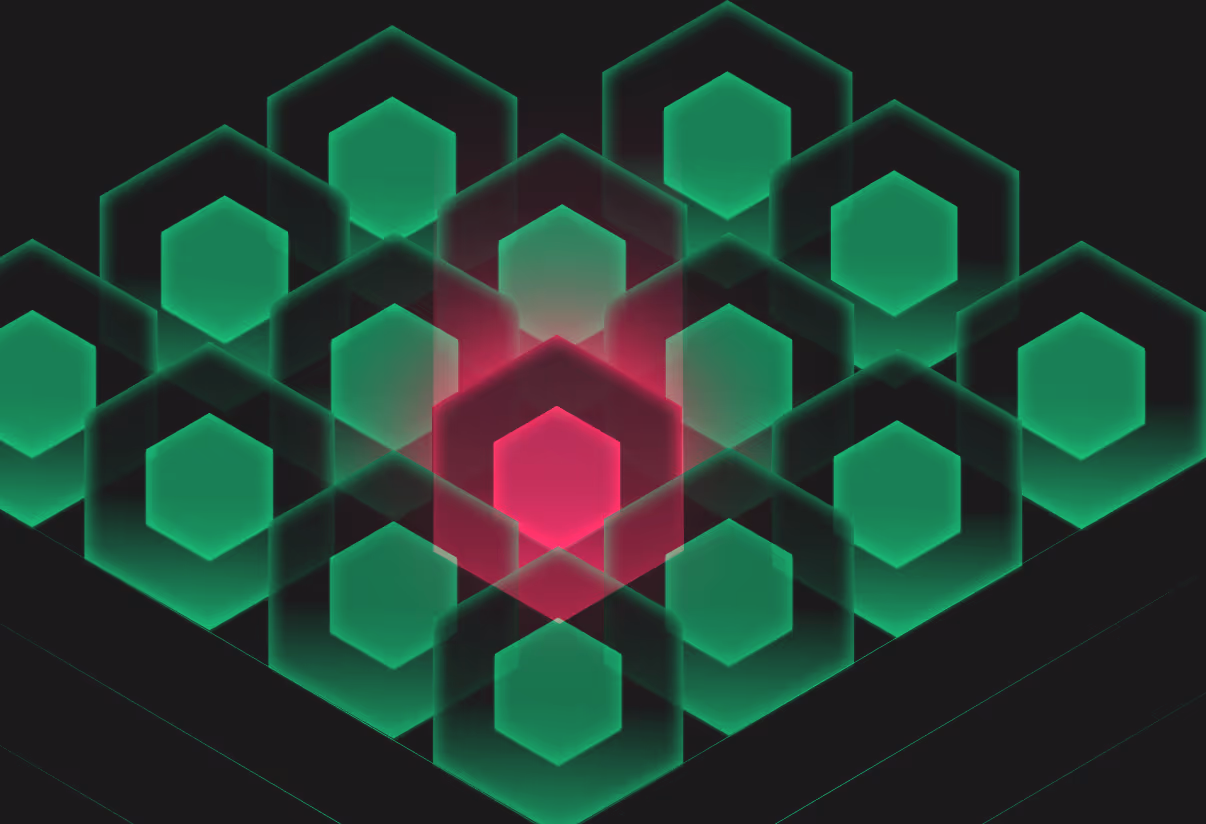 Abstract geometric pattern featuring overlapping hexagons. Central hexagon in pink contrasts with surrounding green hexagons on a dark background.