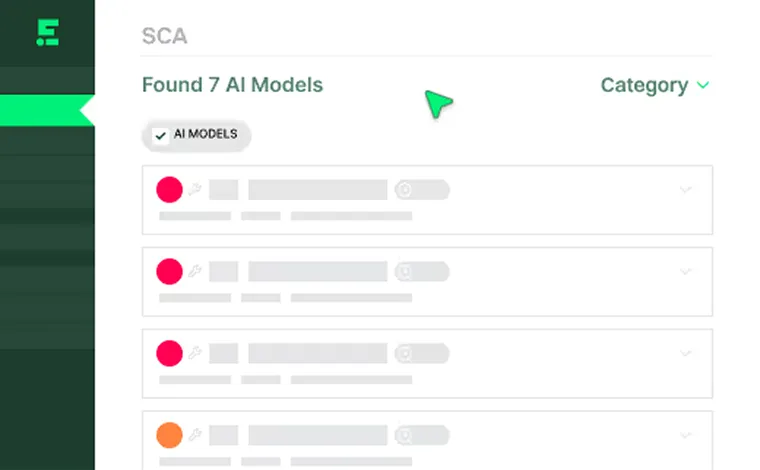 Dashboard showing a list of 7 found AI models with categories and colored status circles.