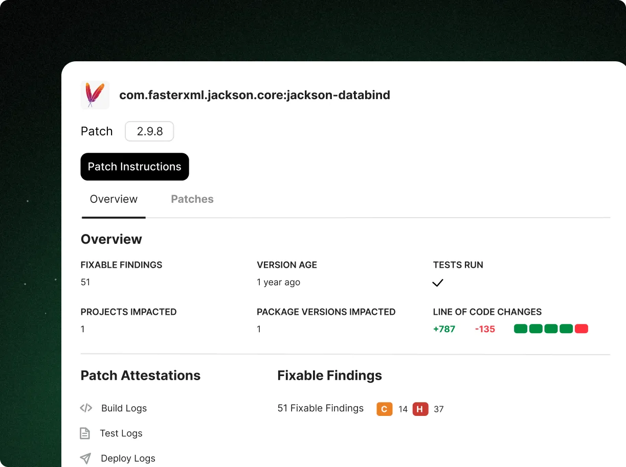 Endor Patch overview for jackson-databind showing fixable findings and patch attestations