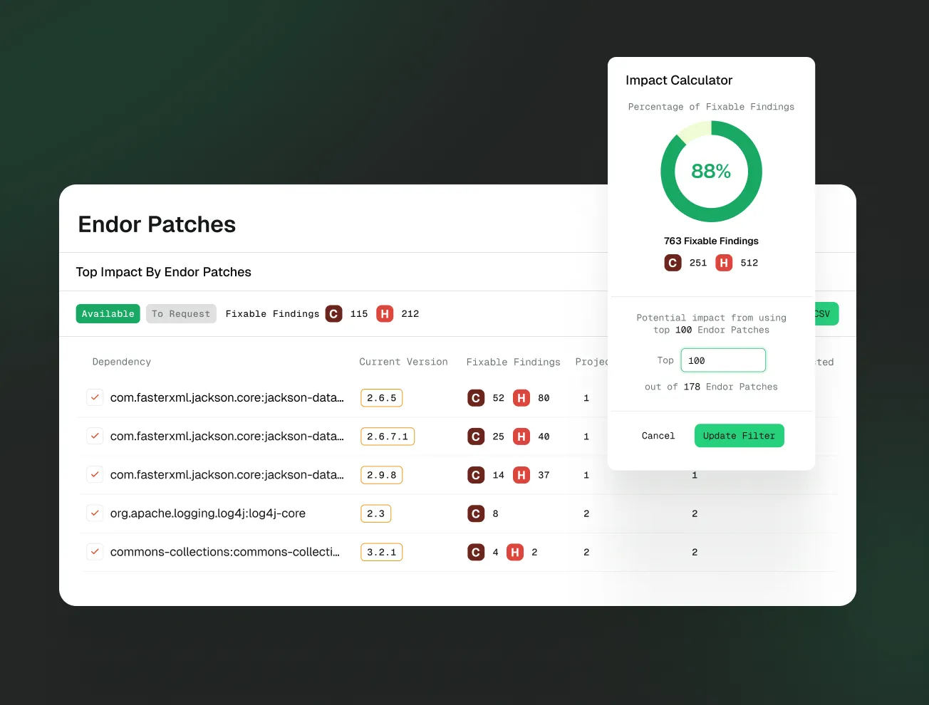 Endor Patches hero graphic showing patched dependency versions