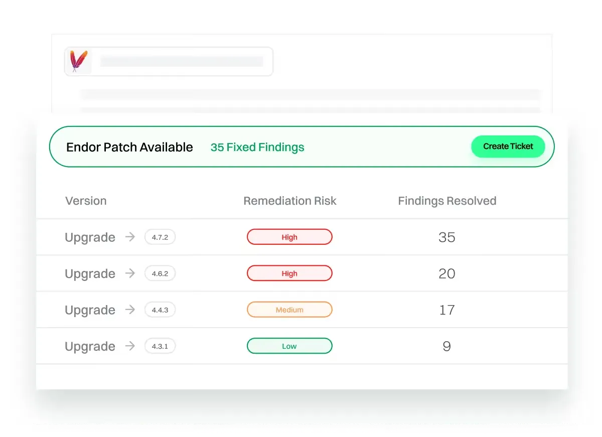 Endor patch availability panel showing upgrade versions, remediation risk, and findings resolved