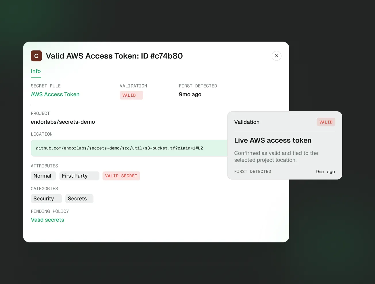 Secret finding detail for a validated live AWS access token with location and finding policy