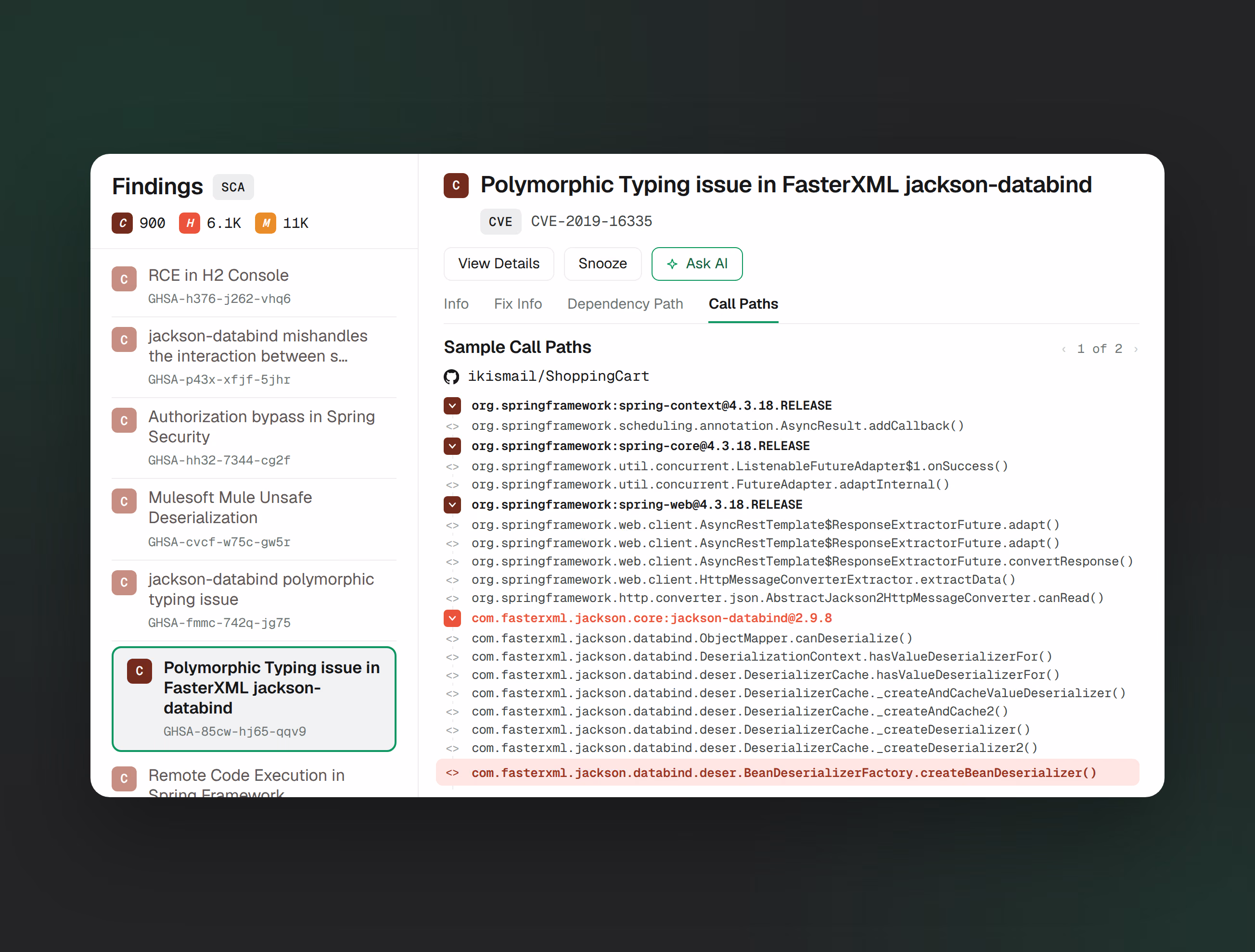 Function-level call path visualization in the Endor Labs platform