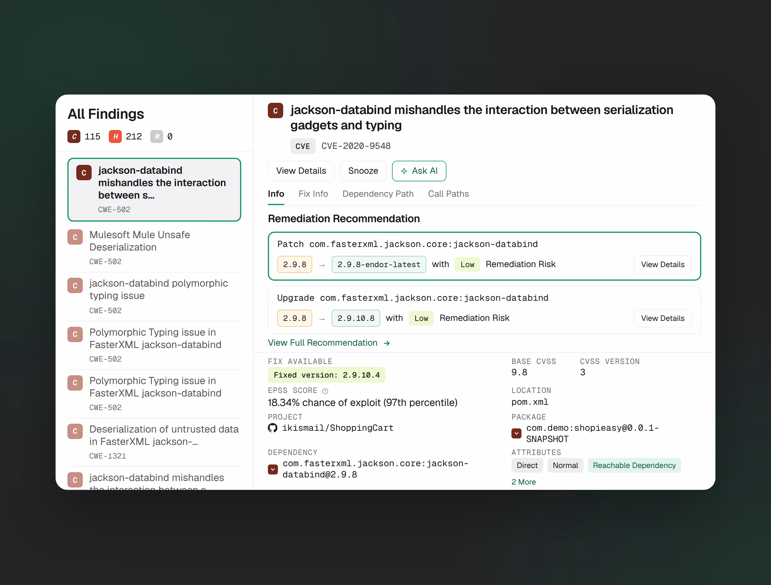 Remediation recommendation view in the Endor Labs platform