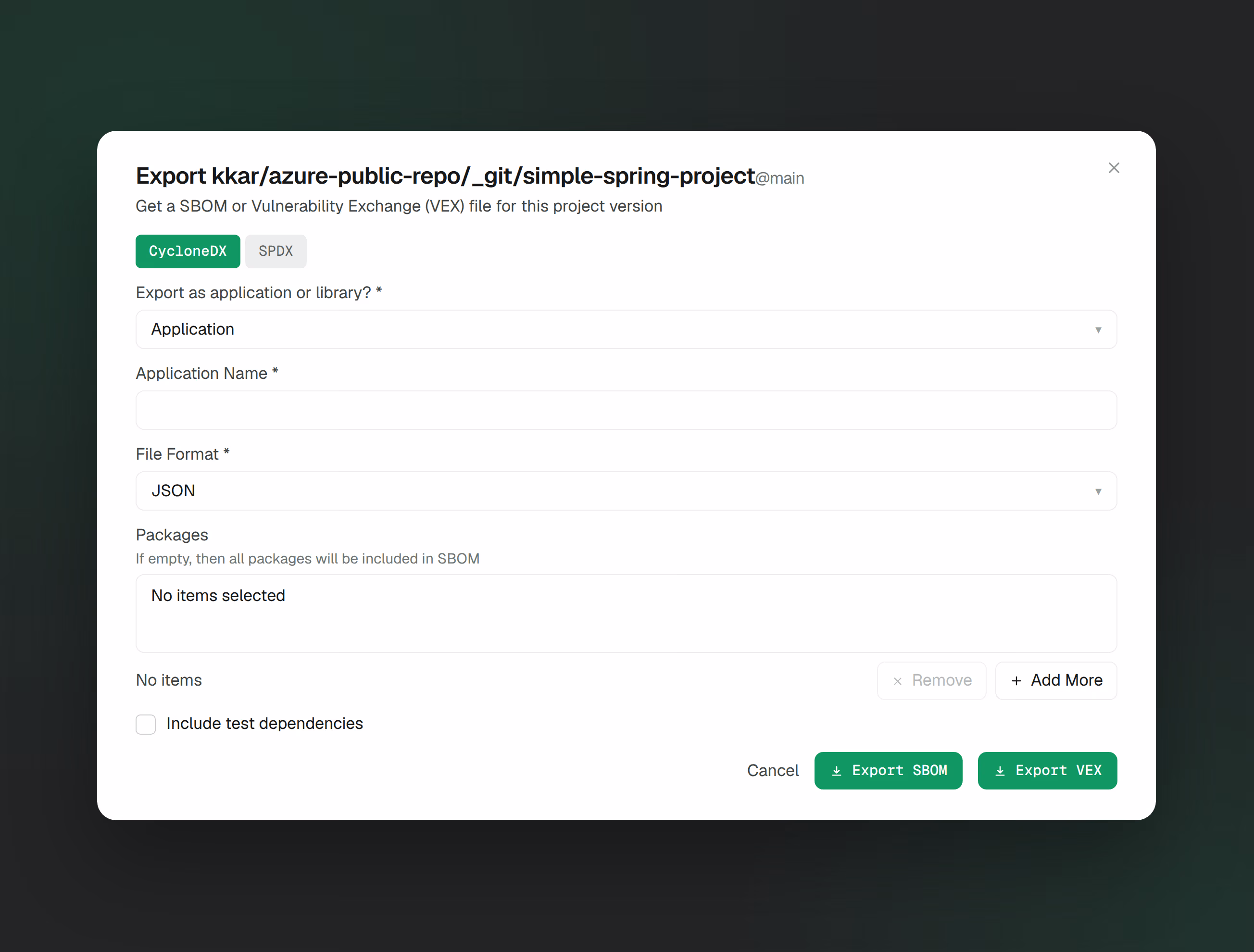SBOM and VEX export screen in the Endor Labs platform