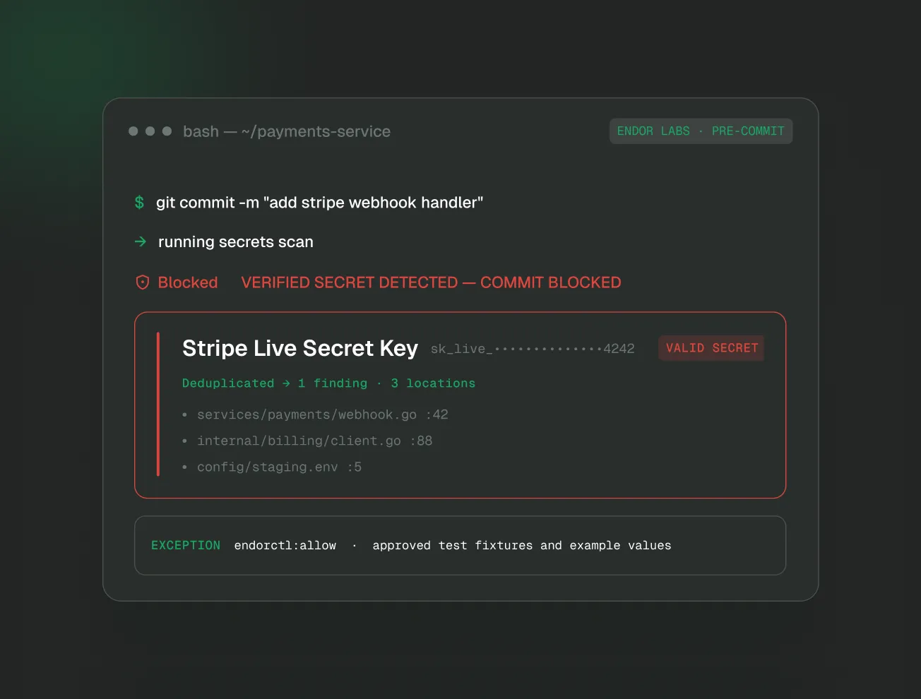 Pre-commit secrets scan blocking a commit after detecting a verified Stripe live secret key