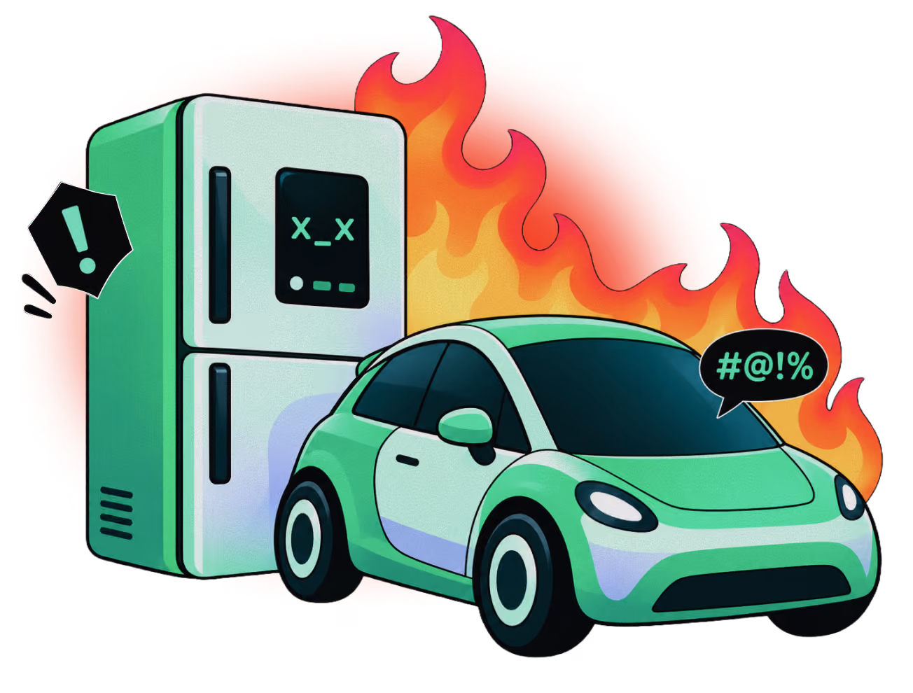 Illustration of a green car and a refrigerator with a digital face showing x_x, surrounded by flames, with speech bubbles containing an exclamation mark and symbols representing swearing.