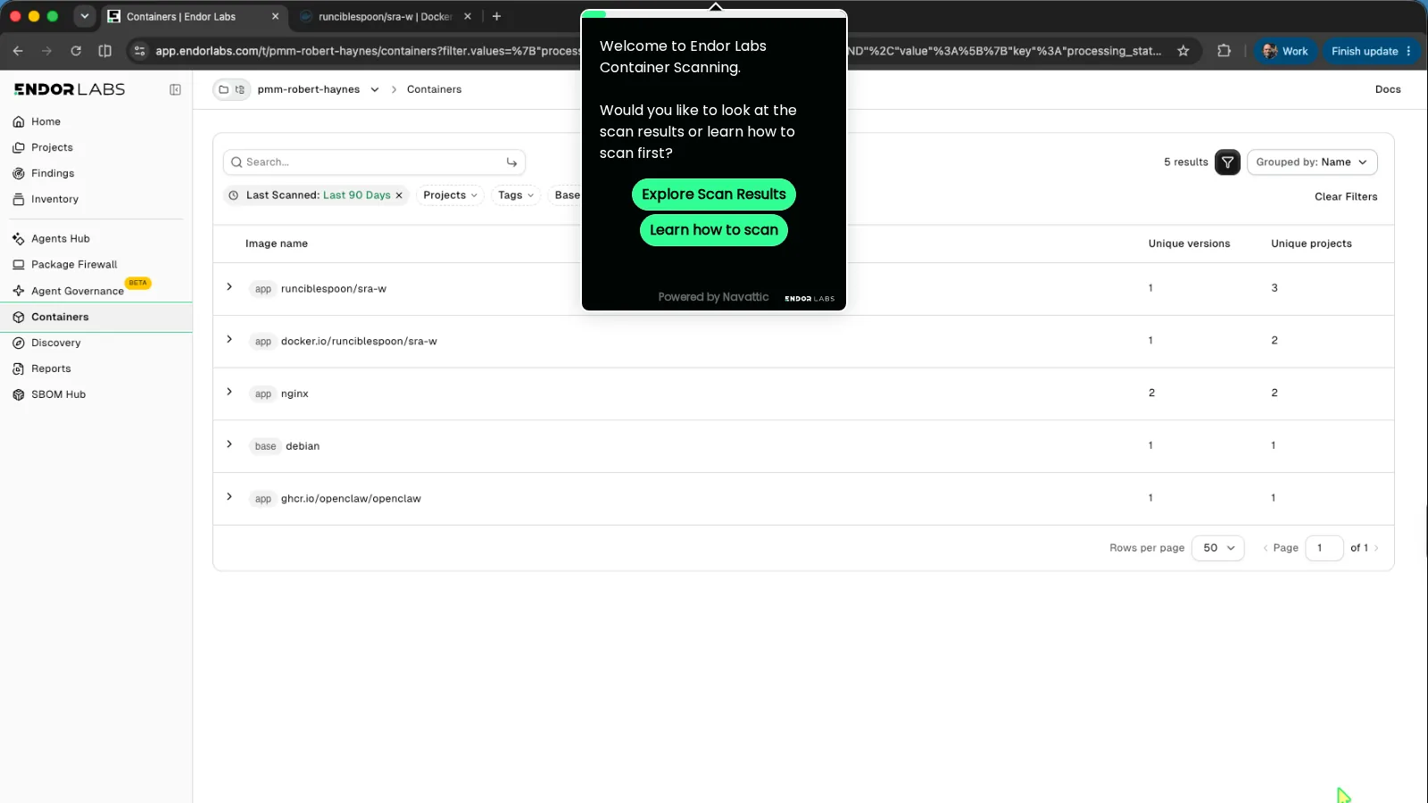 First screen of the Container Scanning interactive demo