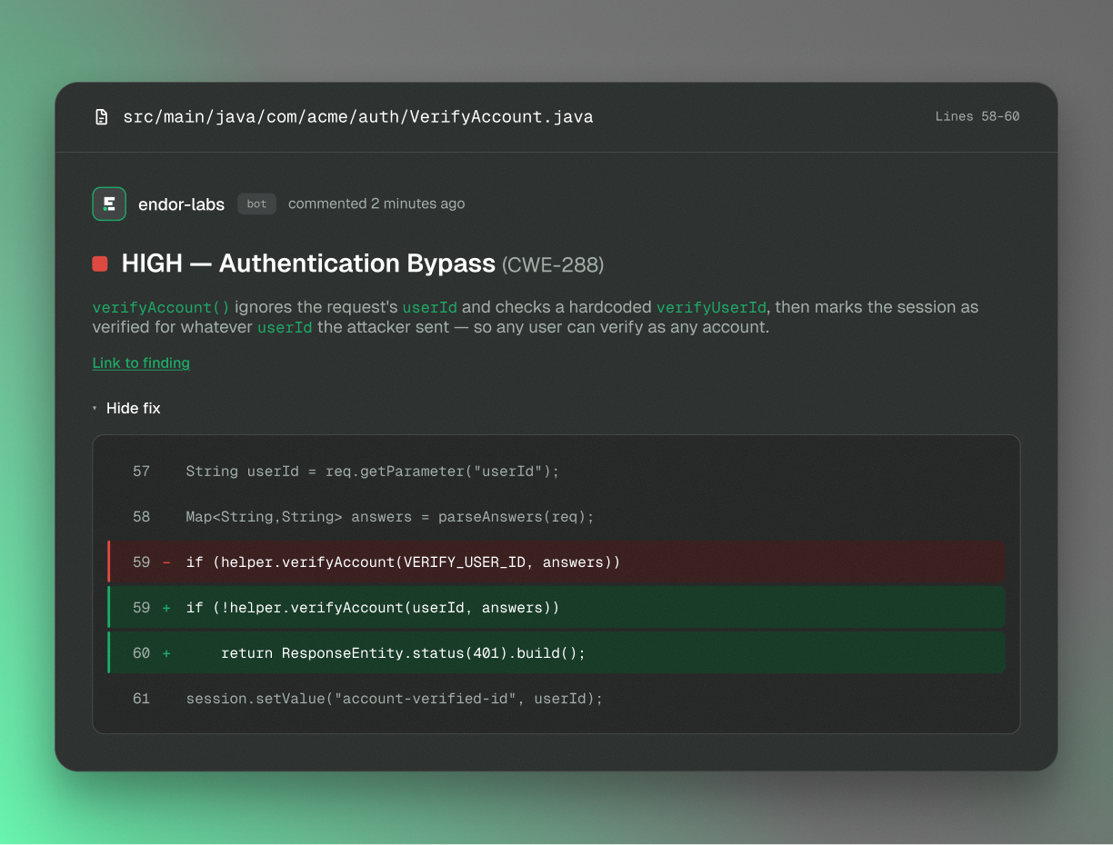 Endor Labs bot PR review comment flagging a high-severity authentication bypass with a suggested code fix