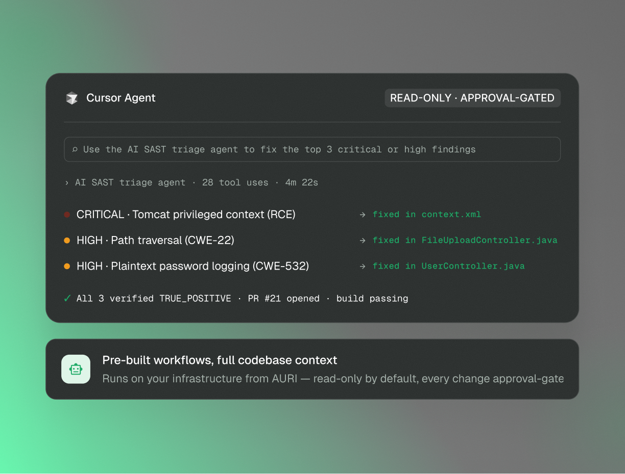 Cursor Agent panel running the AURI AI SAST triage agent and fixing three critical and high findings with approval gating