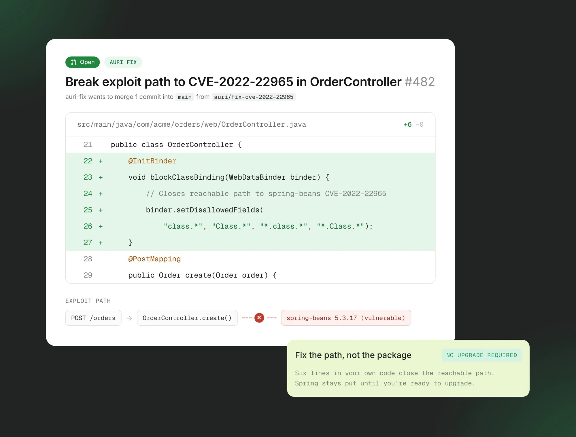 AURI Fix pull request that breaks the exploit path to a vulnerable dependency with a small change in application code