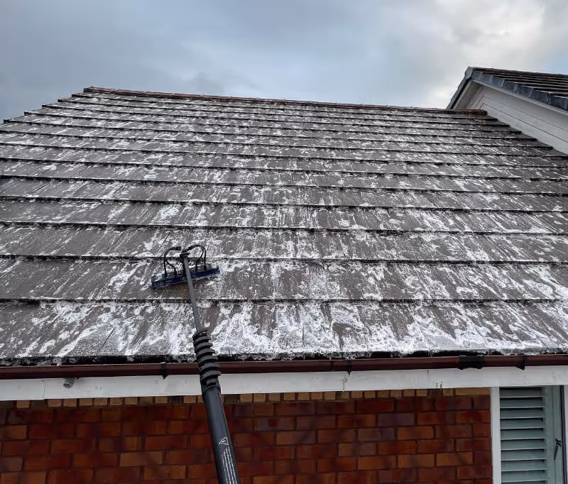 Roof cleaning in progress