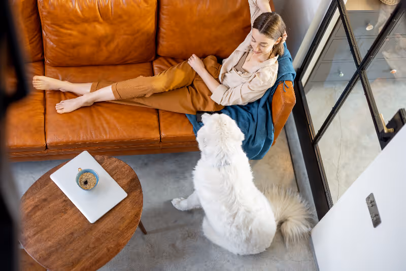 girl on clean leather sofa