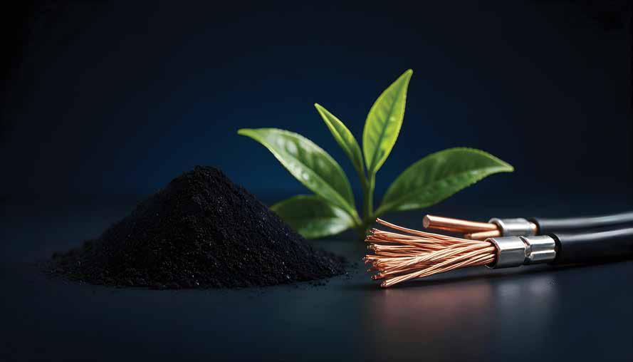 Carbon black powder, a tea plant and copper power cables, representing PCBL Chemical, Harrisons Malayalam and CESC
