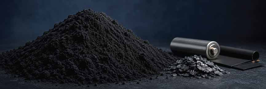 Carbon black powder beside a battery cell and graphite flakes