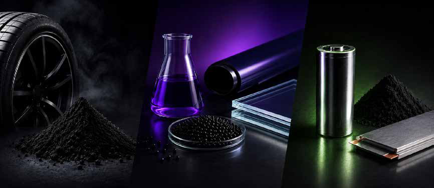Three panels showing carbon black used in tyres, in laboratory chemistry and in battery cells