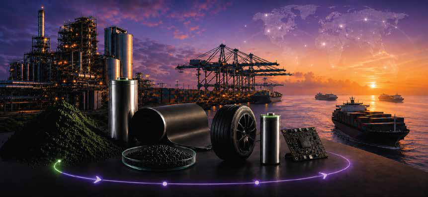 A manufacturing plant, a container port and cargo ships alongside tyres, battery cells and electronics, representing the global battery materials supply chain