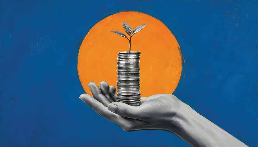 Illustration of a hand holding a stack of coins with a sapling growing from it