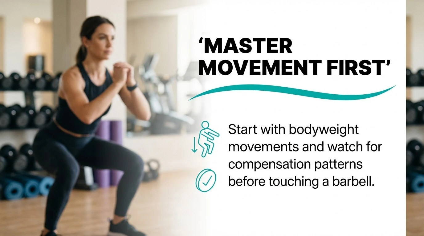 Master bodyweight patterns first, then spot compensations, before progressing to barbells or heavy loads.