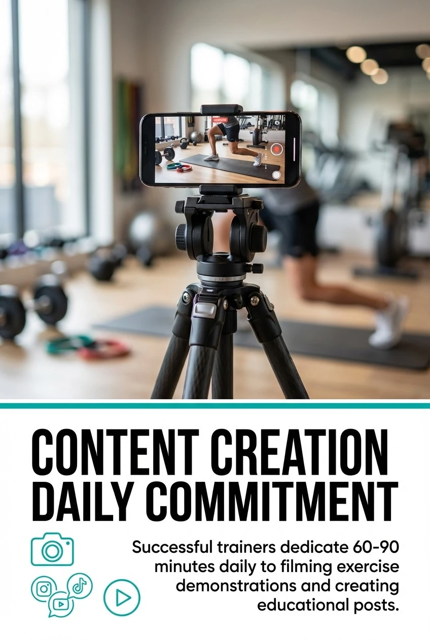 Daily content cadence: 60–90 minutes on filming and educational posts.