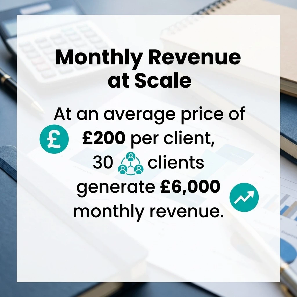 Revenue math: 30 clients × £200/month = £6,000 monthly.