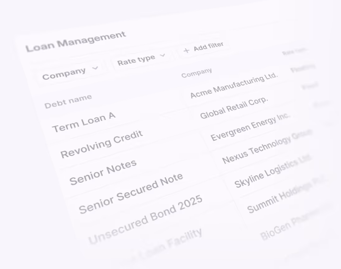 The loan and debt management module inside the Atlar dashboard