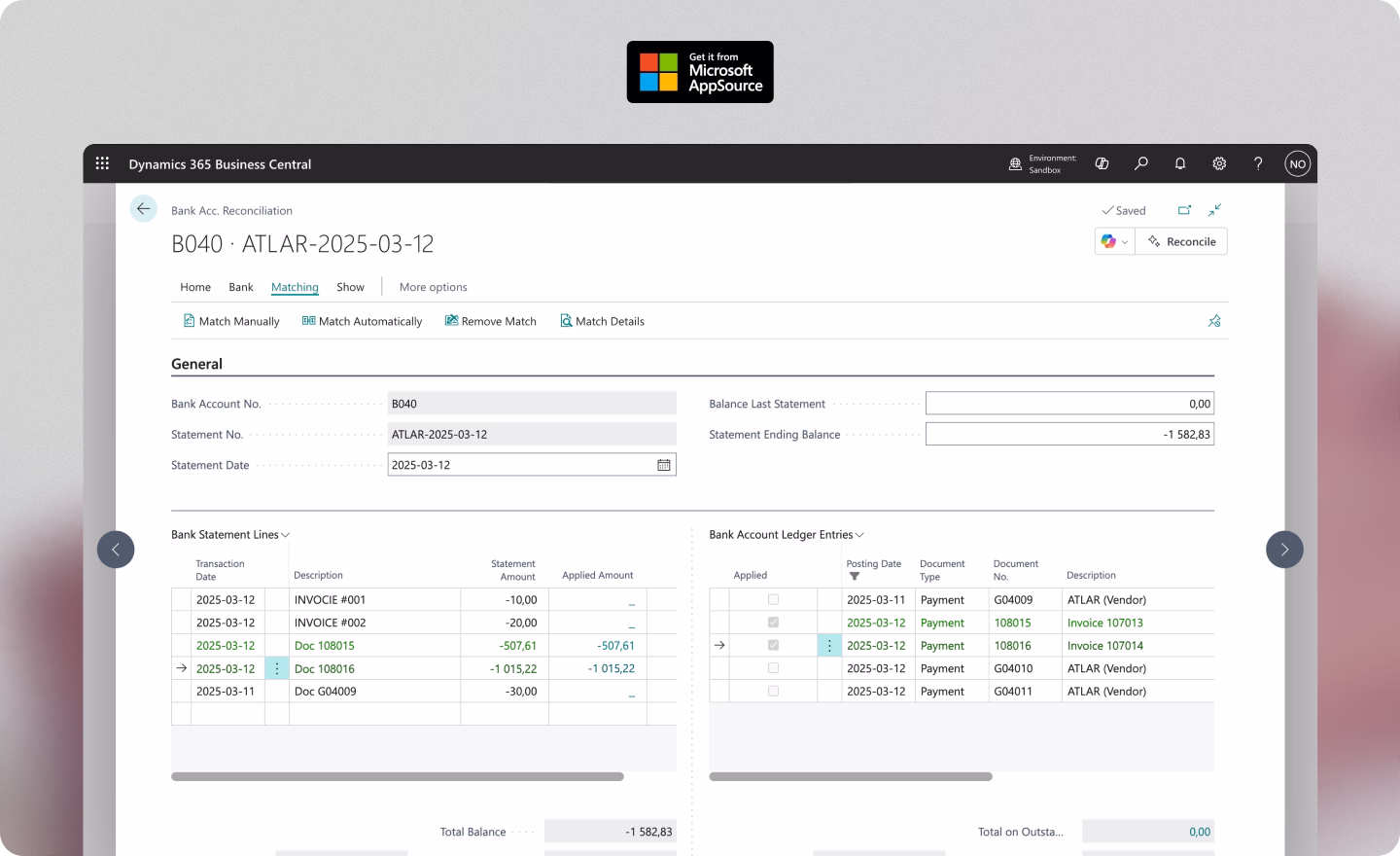 Atlar bank statements shown inside the Business Central interface