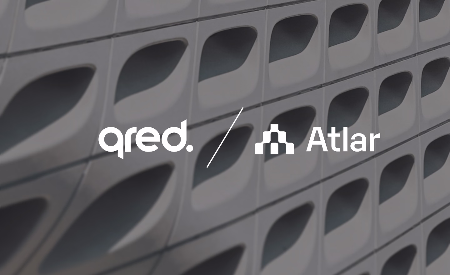 Qred and Atlar logos side by side over a photo of a building facade, announcing the partnership