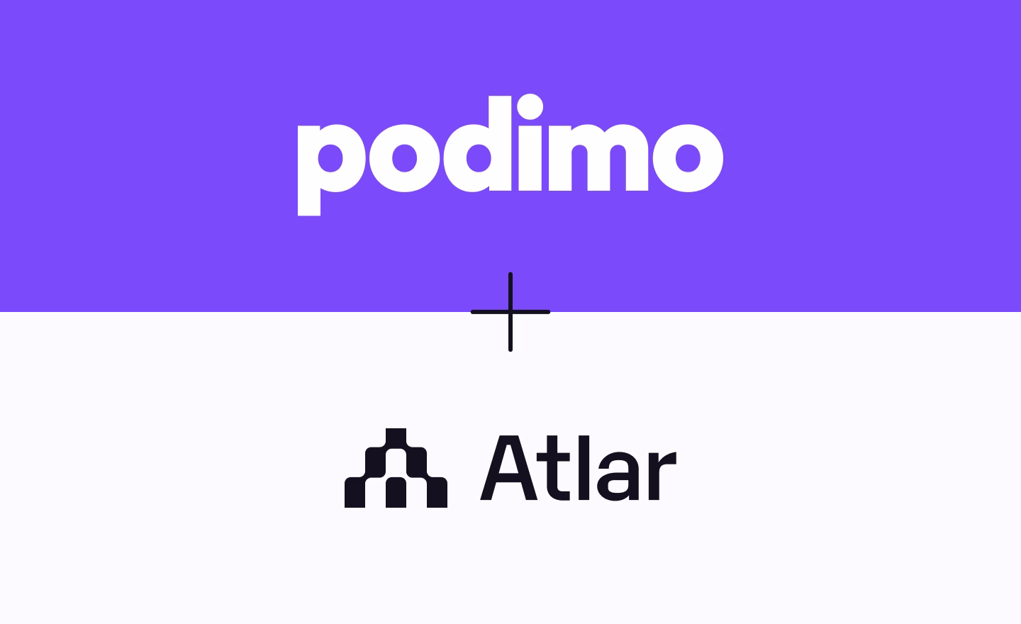 Podimo and Atlar logos stacked with a plus sign between them