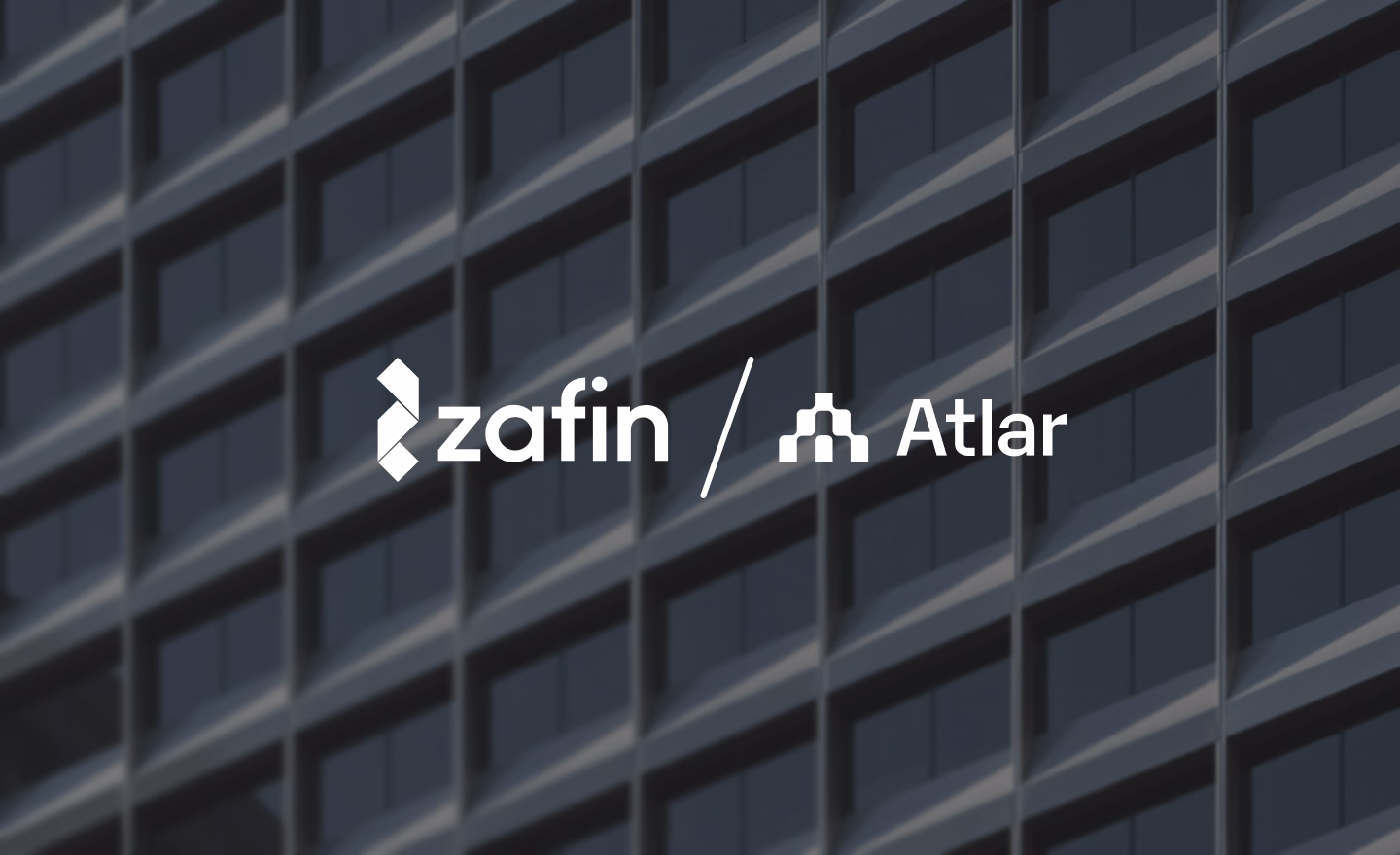 Zafin and Atlar logos side by side over a photo of a building facade, announcing the partnership