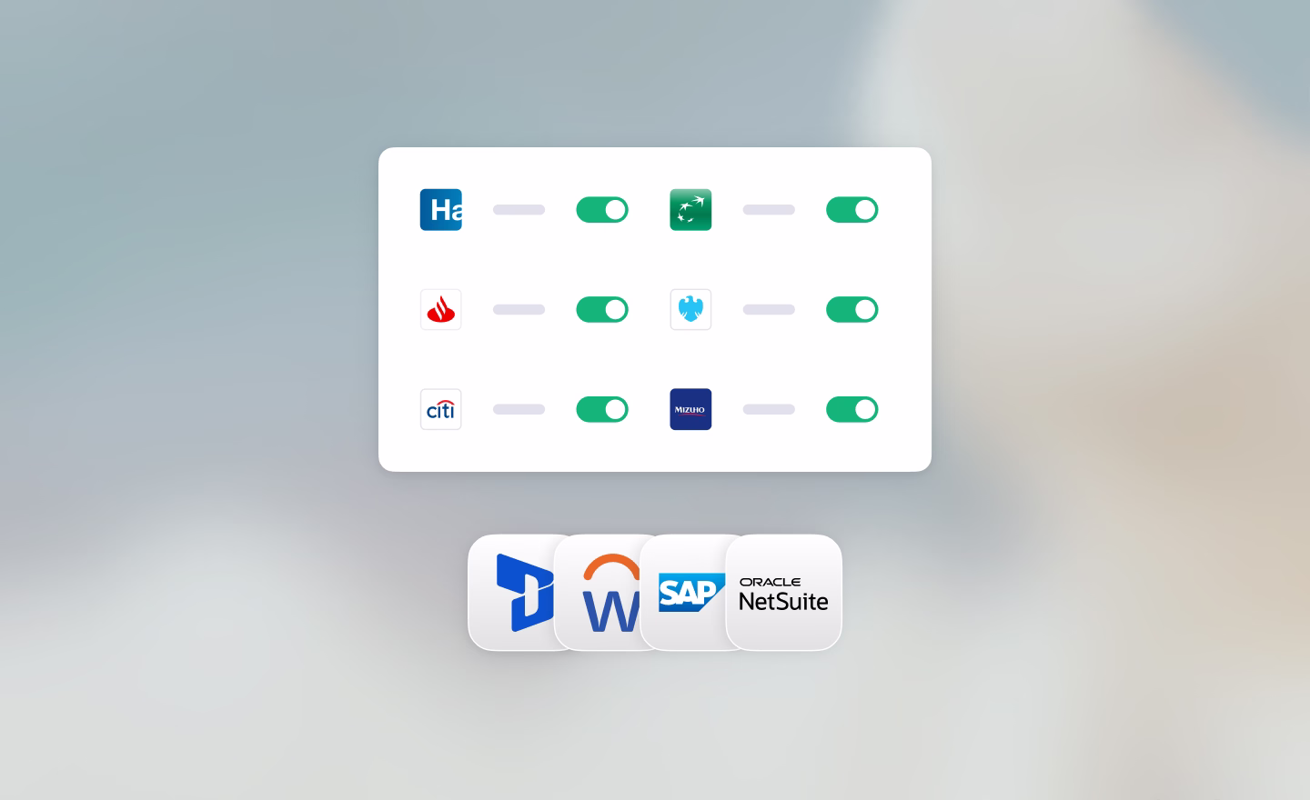 List of bank logos with connection toggles feeding into Dynamics 365, Workday, SAP, and NetSuite logos