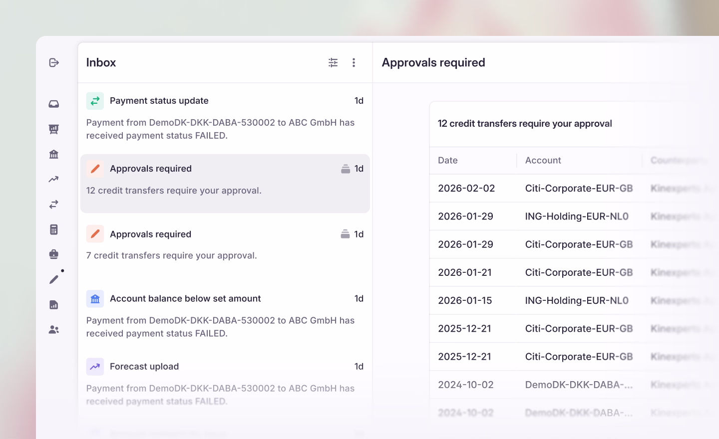 Atlar notifications inbox and approvals panel listing payment status updates and credit transfers requiring approval