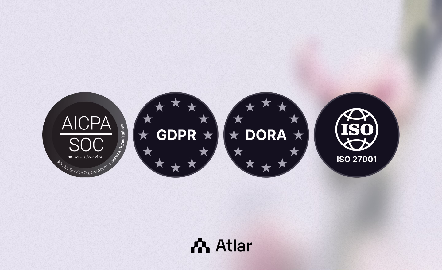 AICPA SOC, GDPR, DORA, and ISO 27001 compliance badges above the Atlar logo