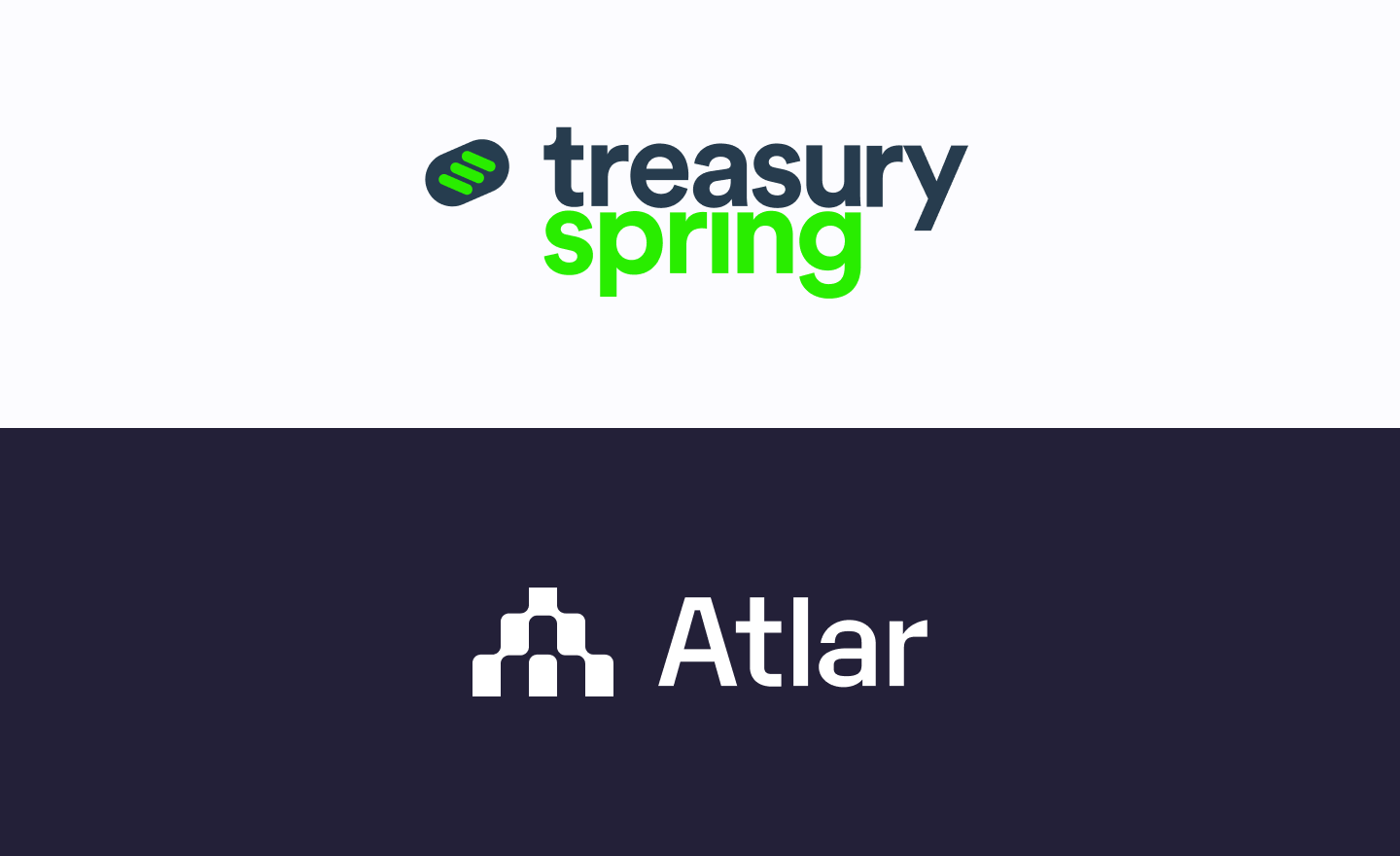 TreasurySpring and Atlar logos stacked on a white and dark banner